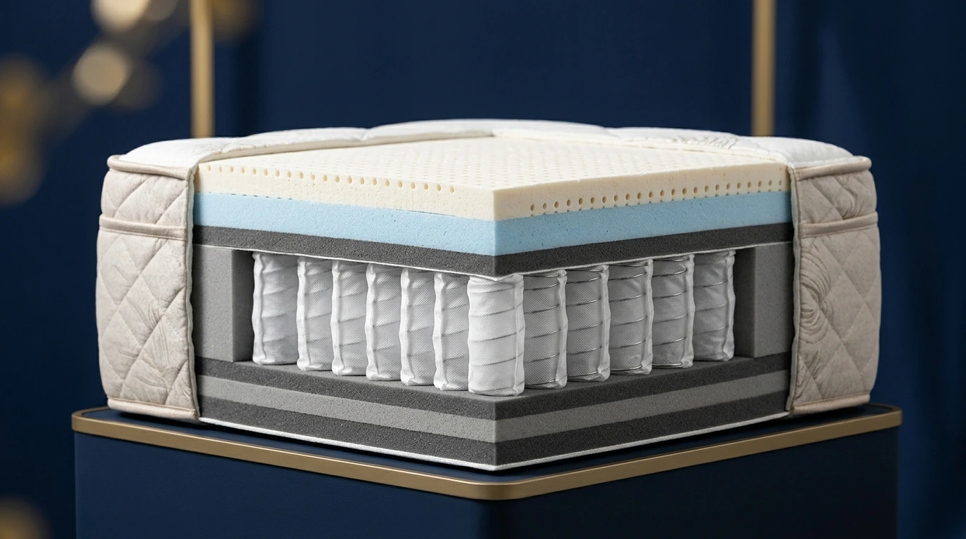 Coupe d'un matelas montrant mousse, ressorts et latex