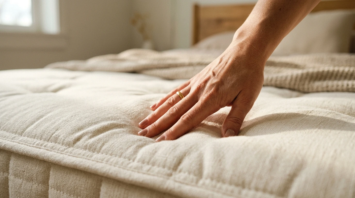 Main appuyant sur un matelas pour en tester la fermeté