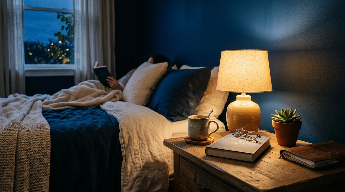Rituel du soir apaisant, lampe chaude, tasse et livre