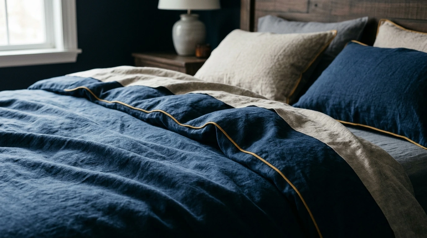 Linge de lit de qualité aux plis souples dans une lumière douce
