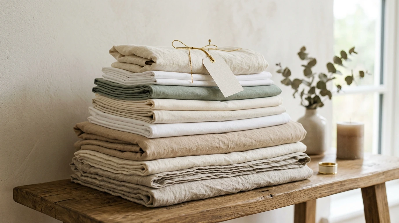 Piles de linge de lit en coton et lin pliés