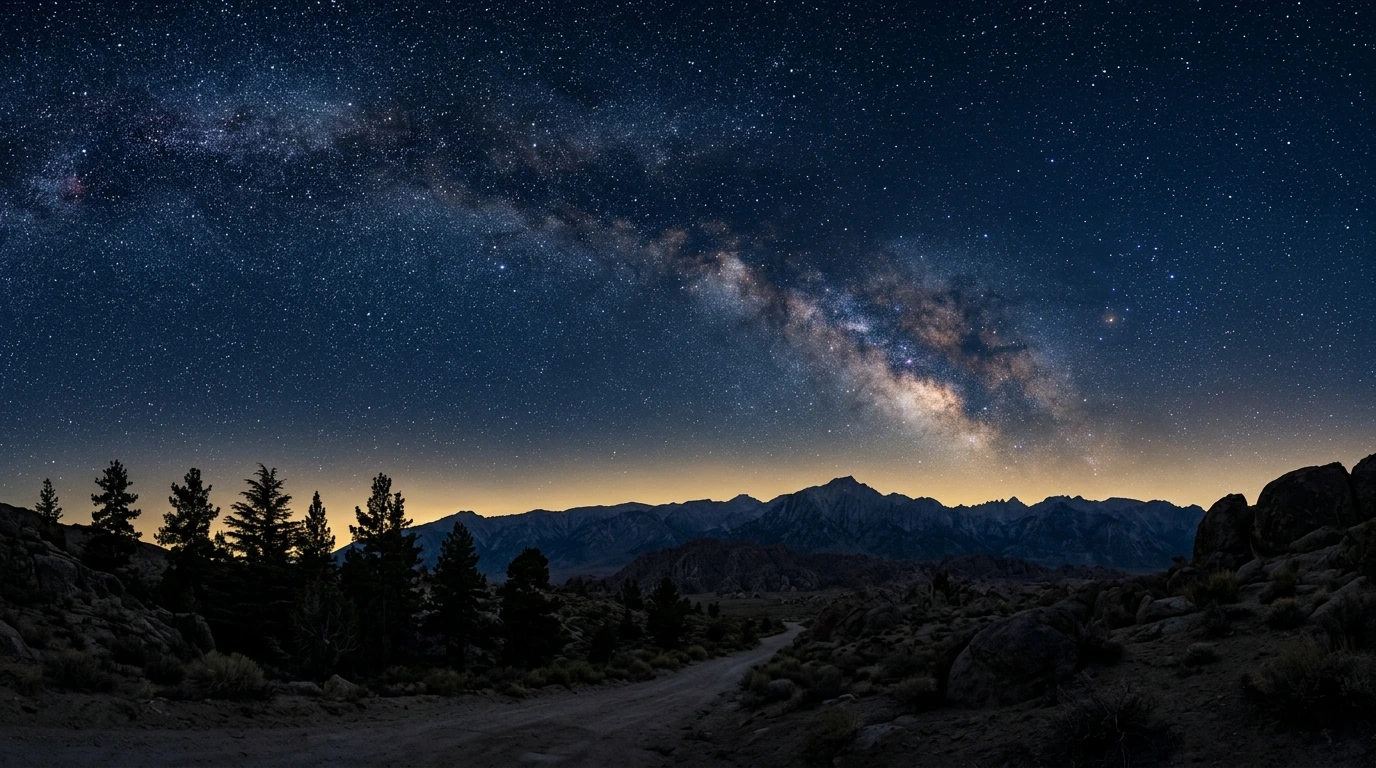 Ciel étoilé et Voie lactée au-dessus d'un paysage nocturne