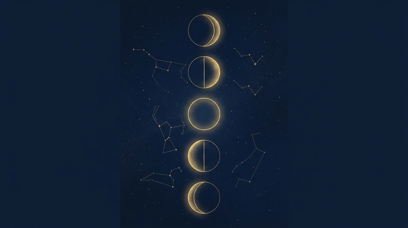 Phases de la lune et constellations sur fond nocturne