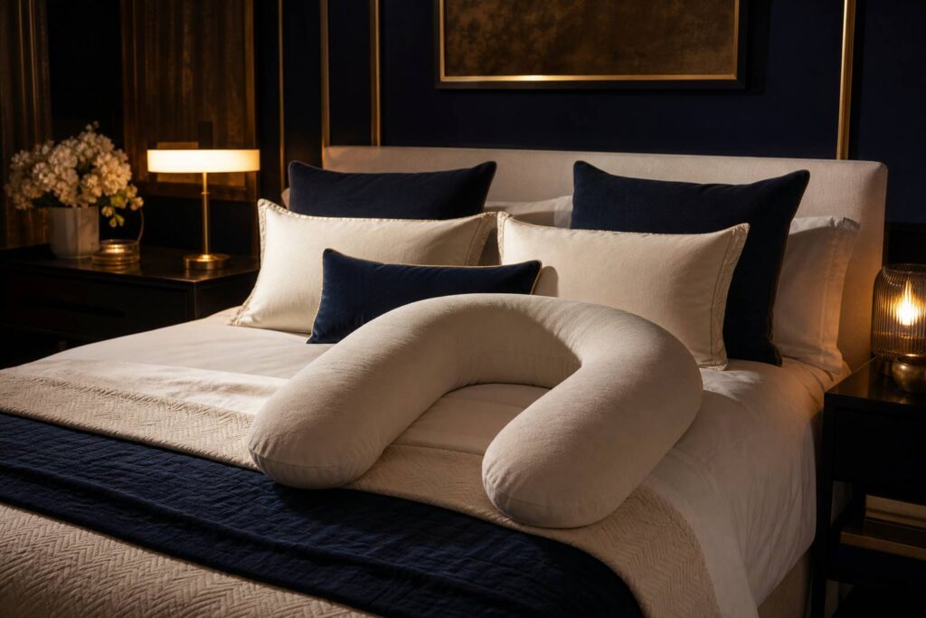 Coussin de grossesse en forme de U sur lit élégant dans chambre bleu nuit au style feutré