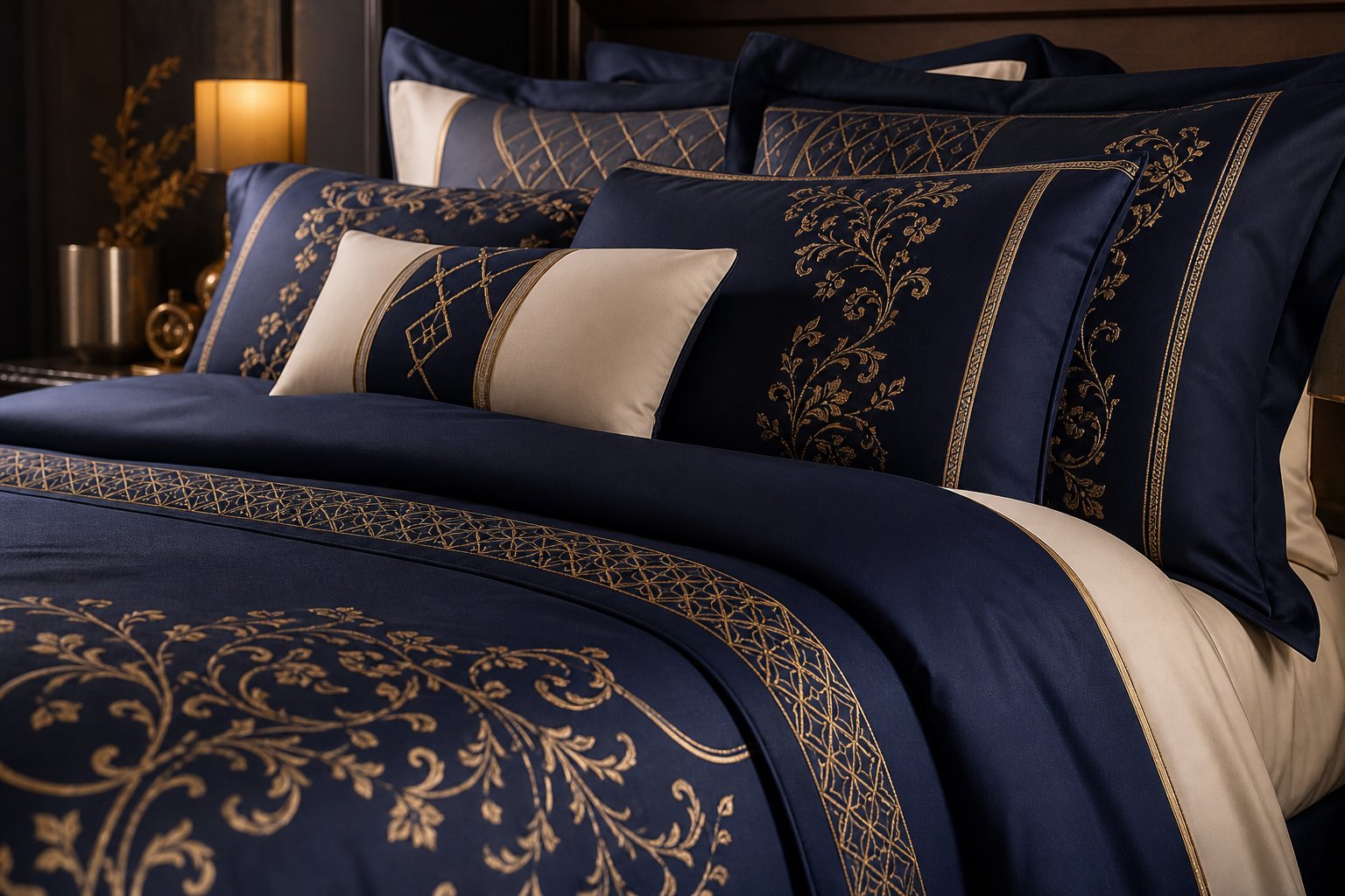 Housse de couette design aux motifs élégants sur lit bien fait ambiance nocturne feutrée