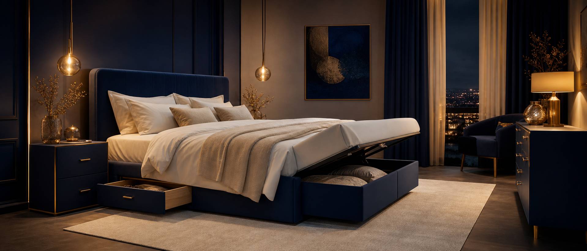 Lit coffre 140x190 avec couchage confortable et espace rangement dans ambiance feutrée