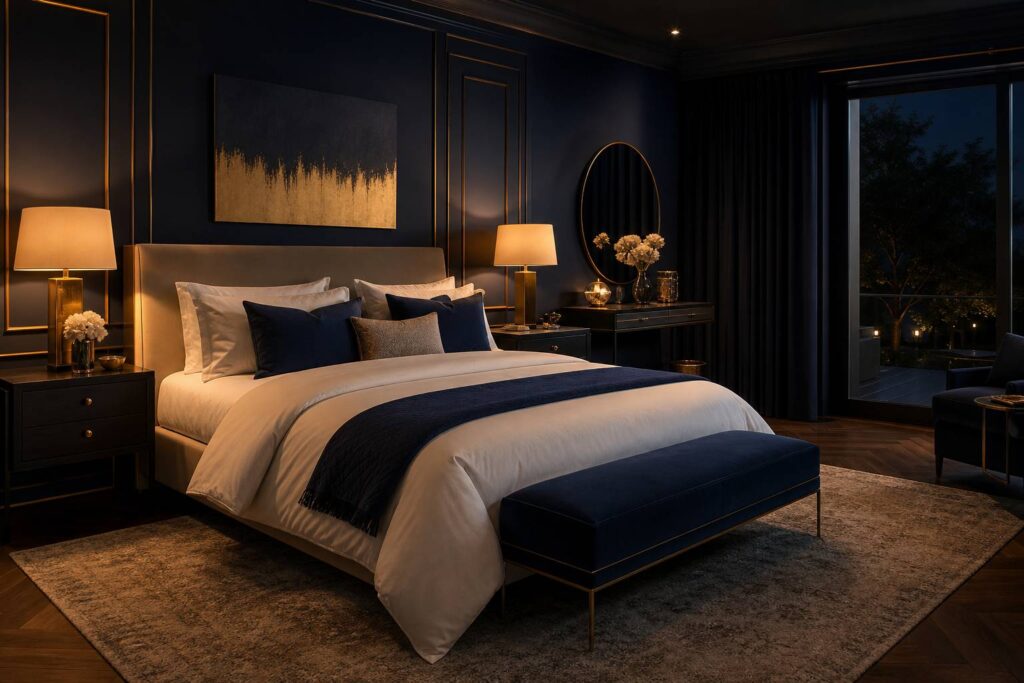 Grand lit double fait avec literie blanche dans chambre bleu nuit feutré éclairage tamisé