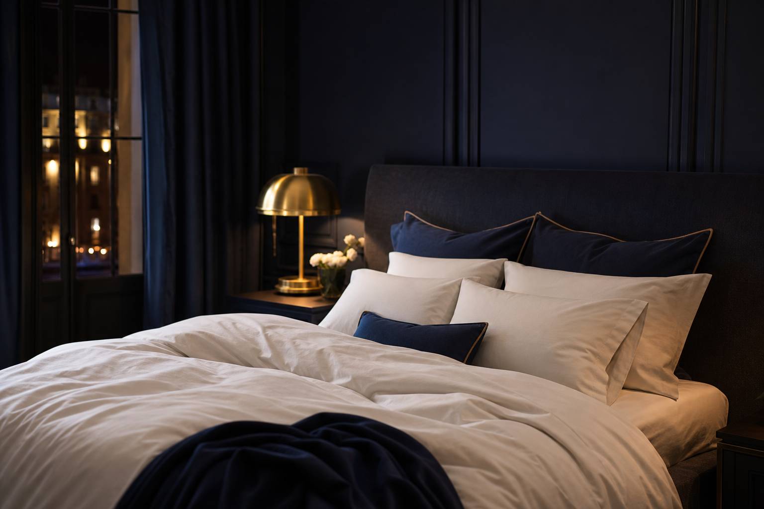 Grand lit double moelleux avec couette blanche et oreillers dans une chambre elegante a la lumiere tamisee