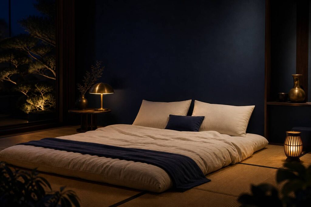 Lit futon japonais au sol tatami literie naturelle ambiance zen minimaliste