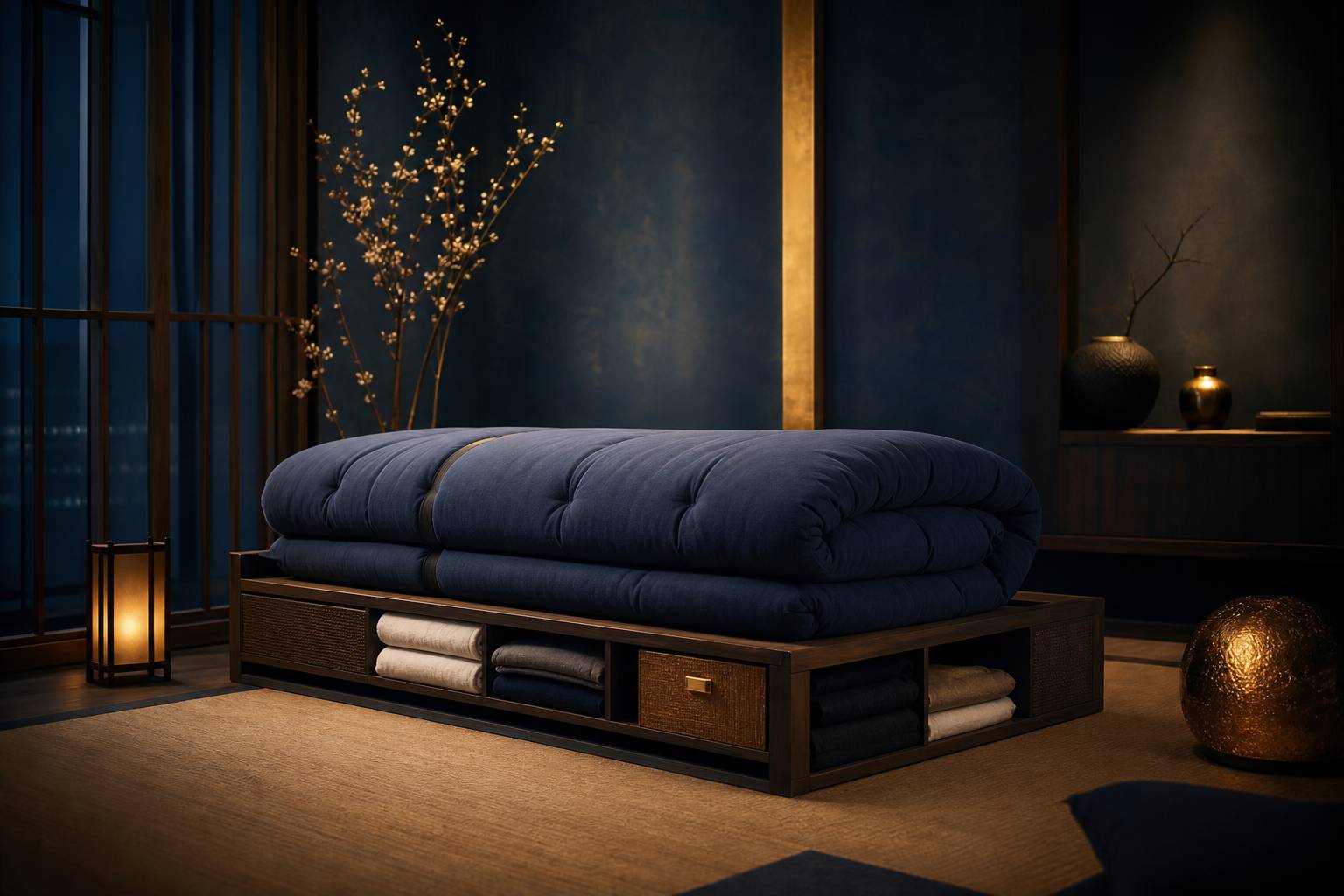 Lit futon plie textile naturel ambiance japonaise rangement