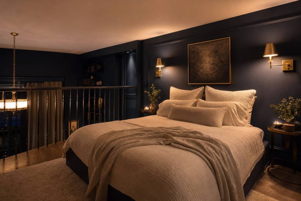 Lit mezzanine double en bois dans une chambre cosy avec éclairage tamisé bleu nuit