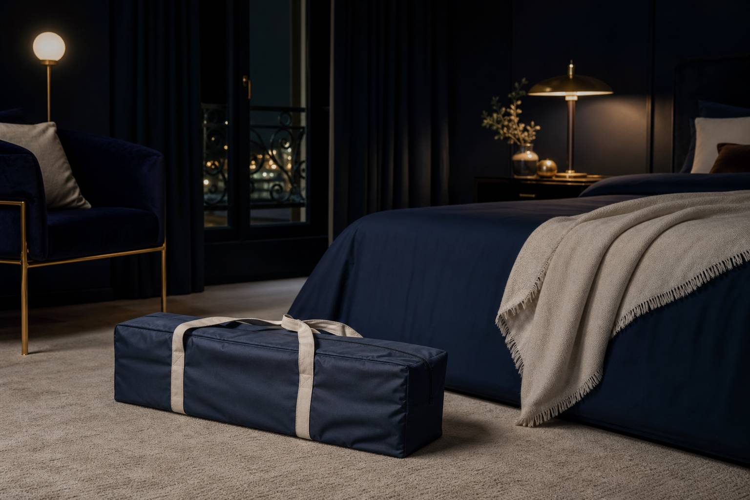Lit parapluie plie dans son sac de transport mobilier bebe compact