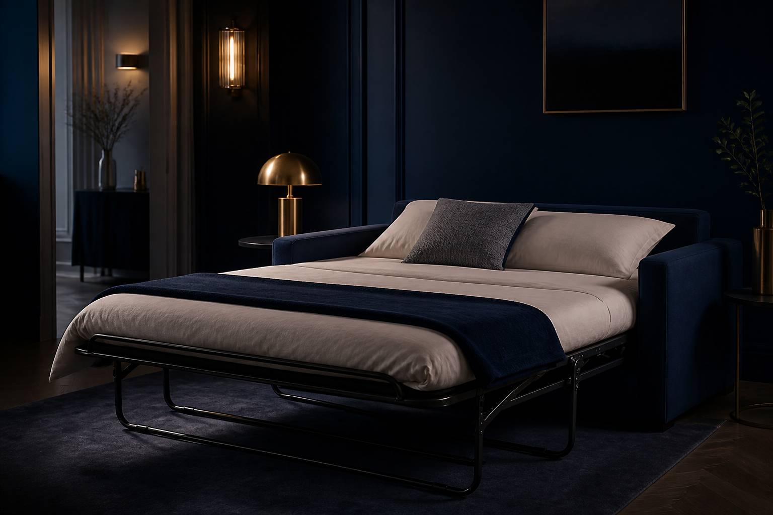Lit pliant 2 places montrant le mecanisme de pliage ambiance cosy