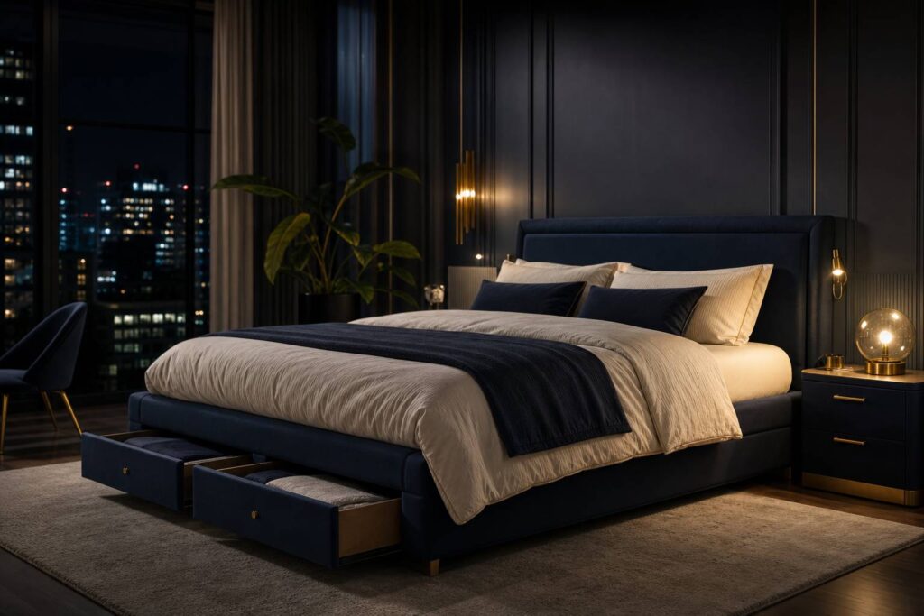 Lit avec espace de rangement integre tiroirs sous sommier chambre moderne
