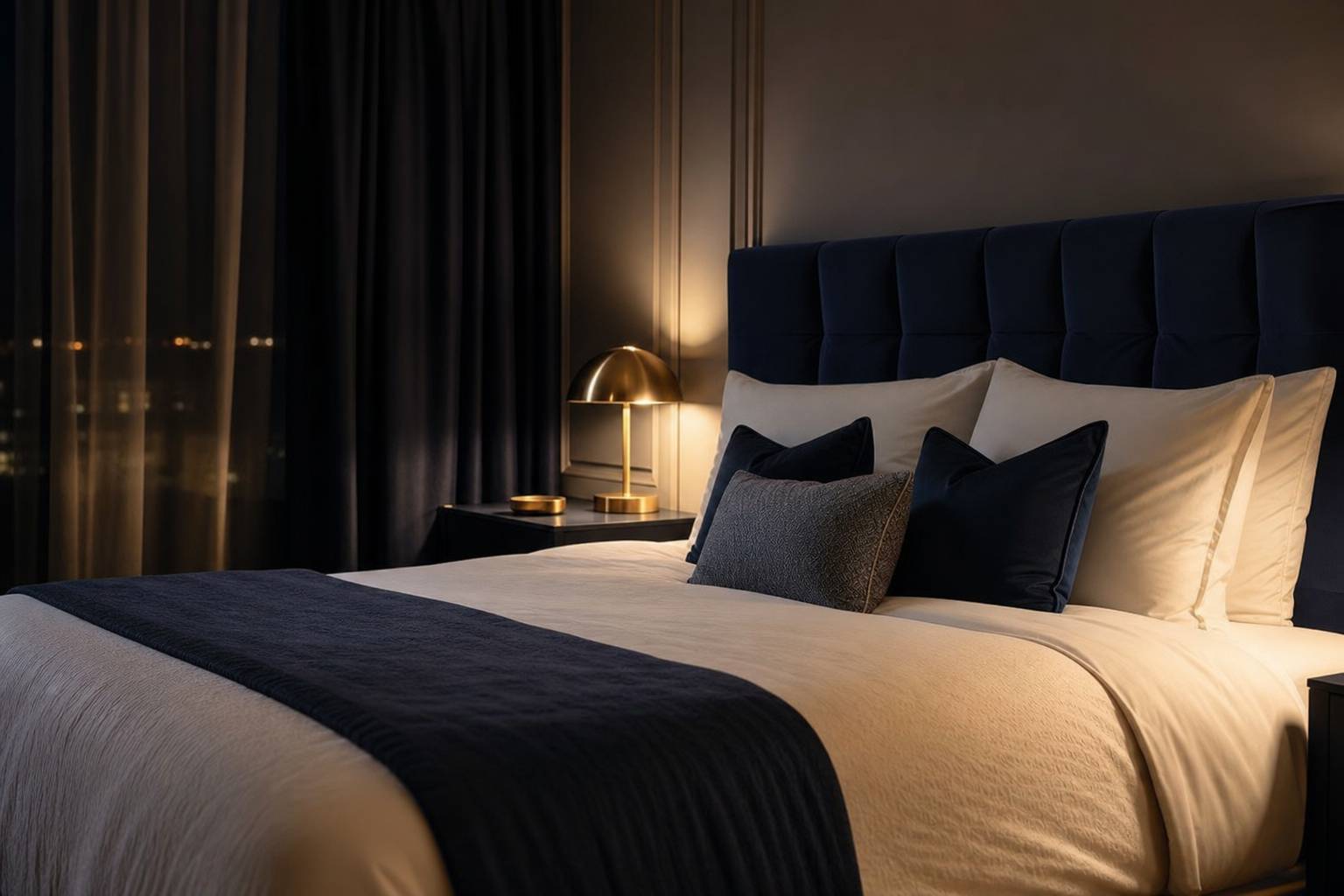 Lit deux places avec matelas 140x200, draps blancs et coussins decoratifs dans une chambre sophistiquee