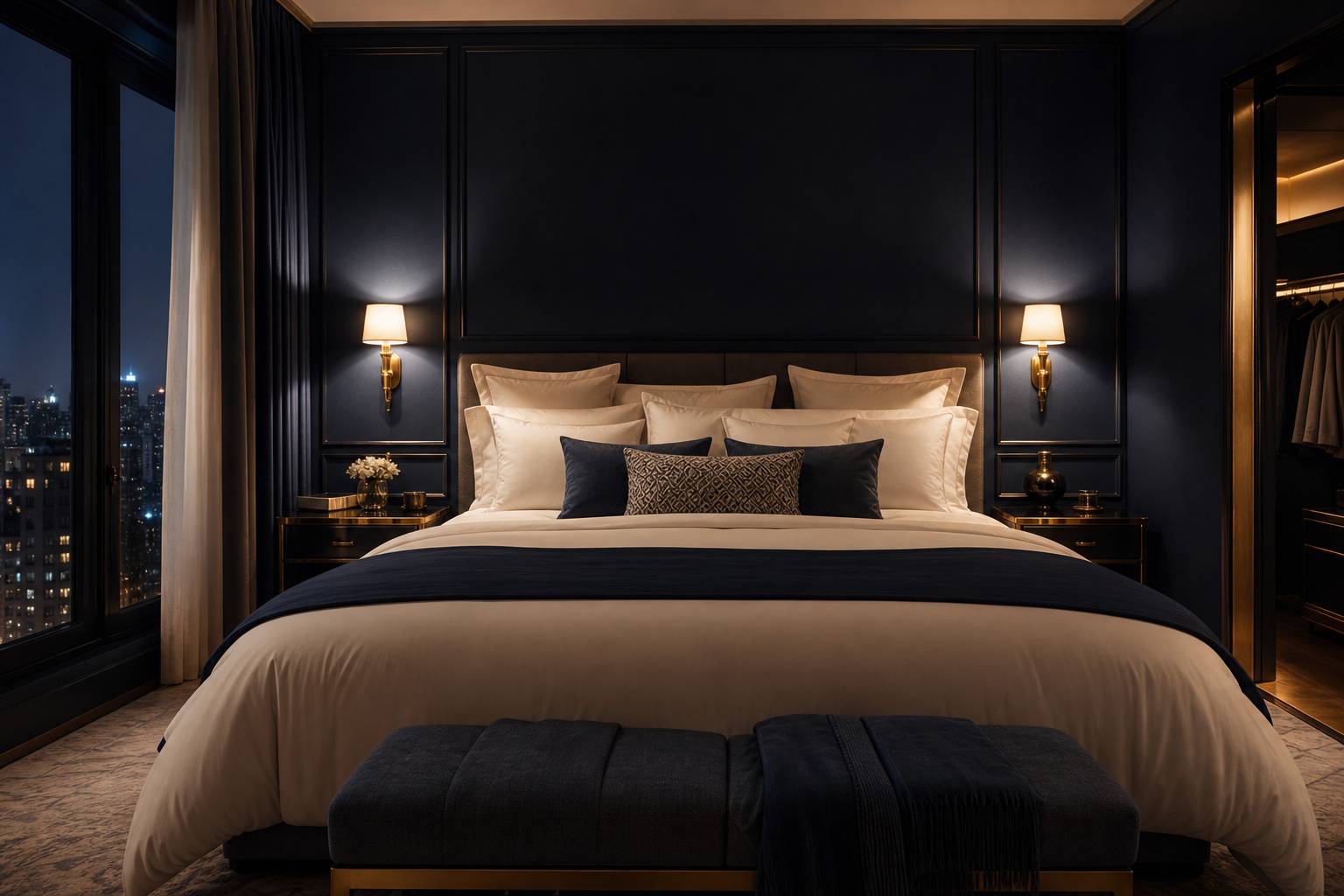 Grand lit king size 180x200 avec literie luxueuse, oreillers et appliques murales en laiton