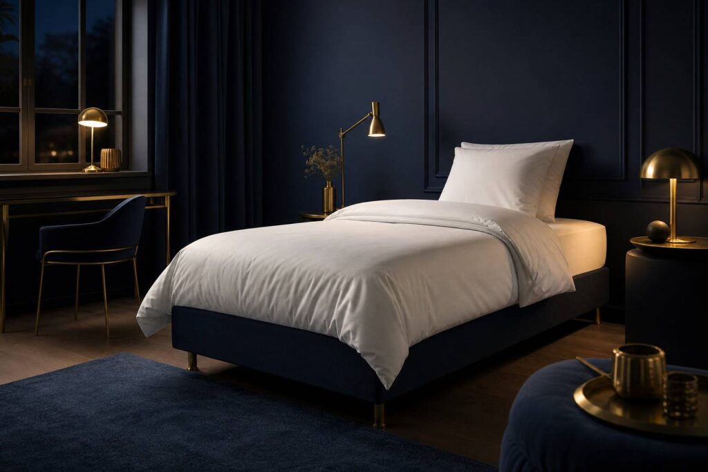 Matelas 90x200 cm sur sommier linge de lit blanc elegant chambre confortable