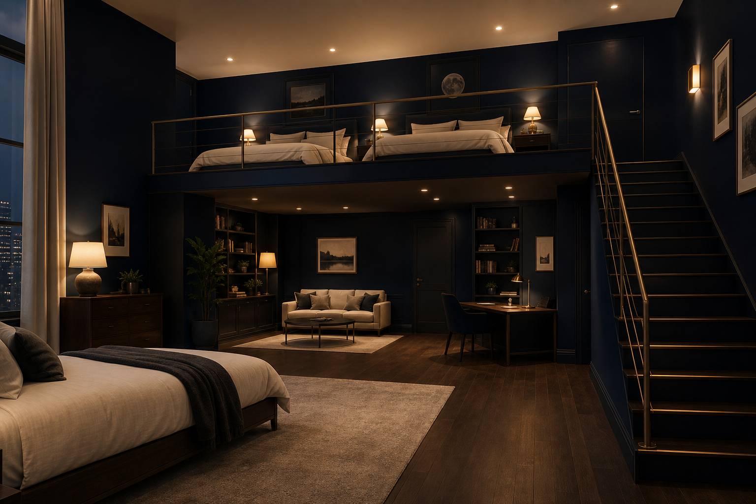 Mezzanine deux personnes vue large avec hauteur sous plafond dégagée et ambiance feutrée