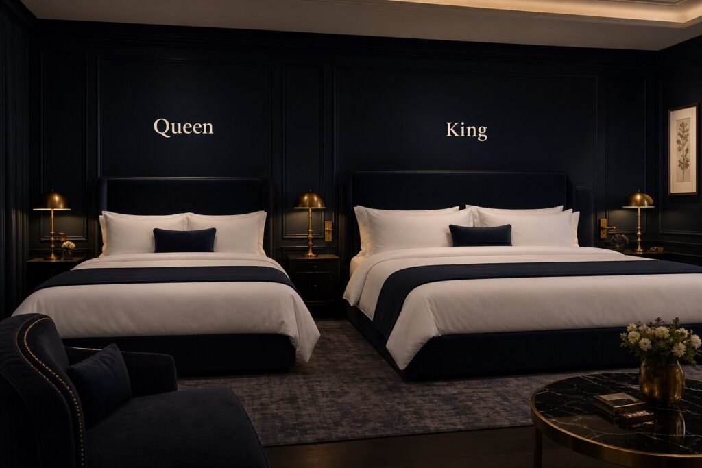 Lit queen size ou king size dans chambre bleu nuit avec literie blanche et linge de lit