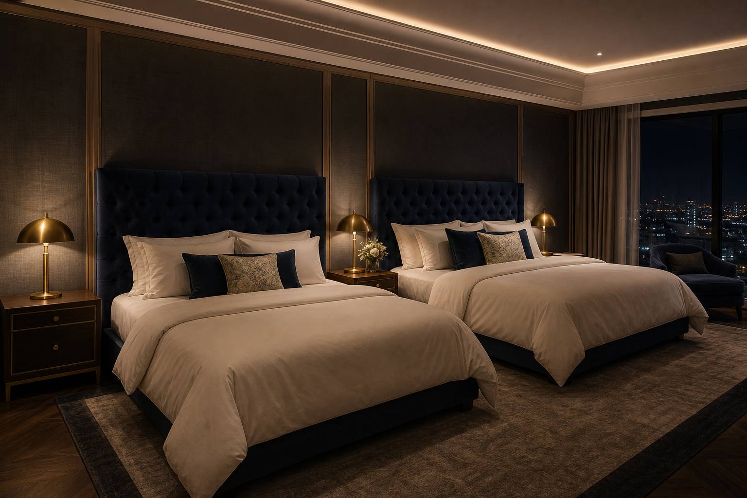Deux lits queen size et king size cote a cote dans une chambre luxueuse avec literie blanche et lampes en laiton