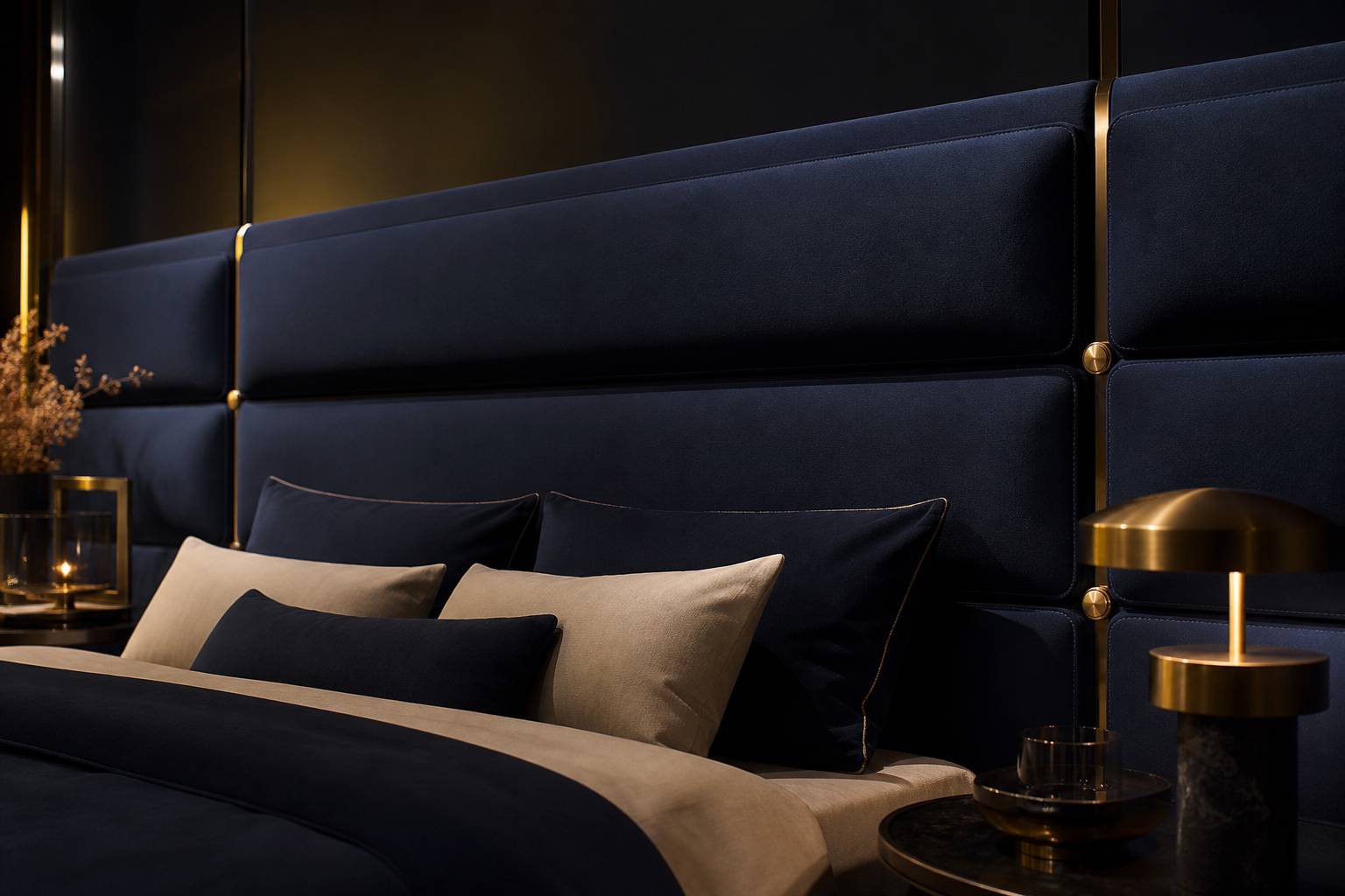 Tete de lit design detaillee texture du tissu coutures fixation murale