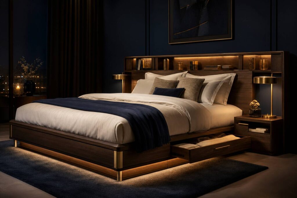 Cadre de lit design bois et métal literie blanche rangement intégré chambre élégante