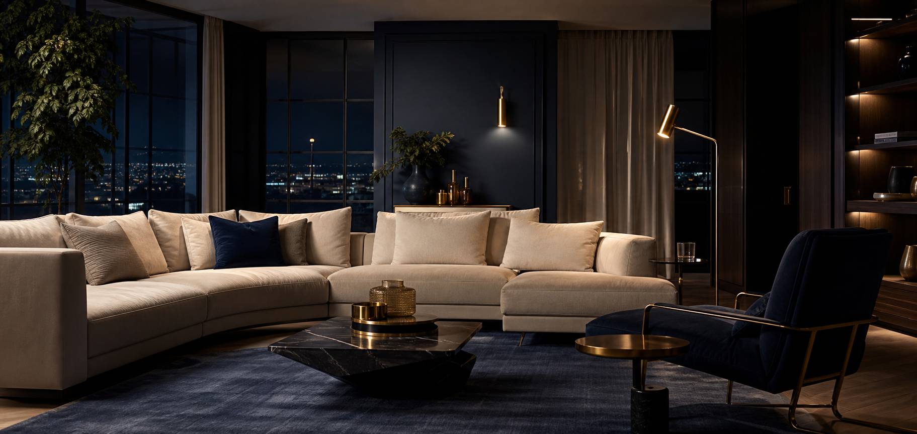 Canapé d'angle coussins beiges salon lumineux assise confortable vue d'ensemble design