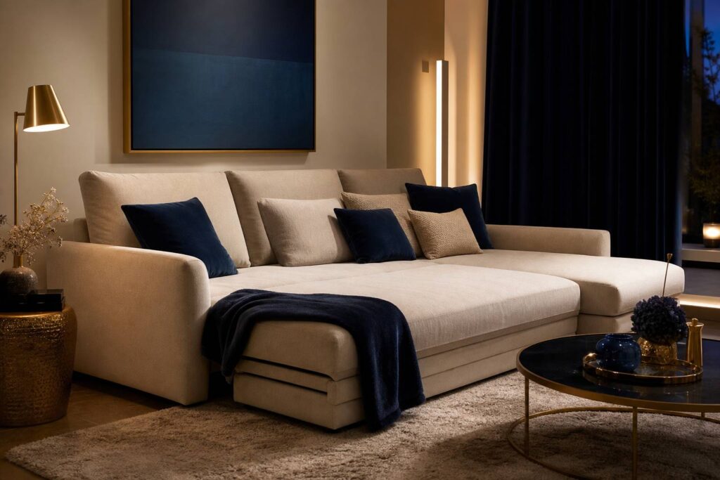 Canapé d'angle design beige salon moderne transformation lit coussins décoratifs