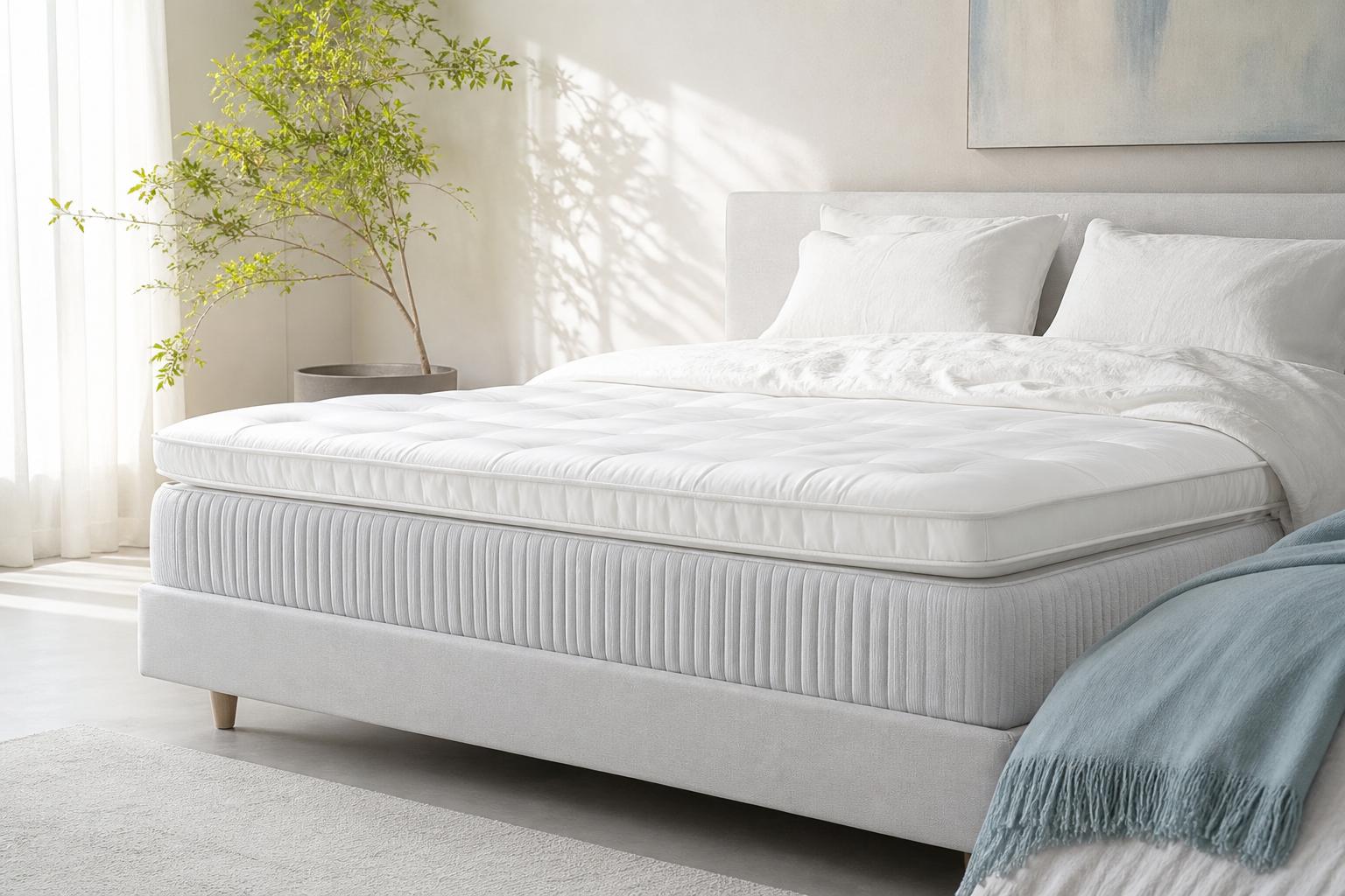 Chambre à coucher avec surmatelas épais posé sur un matelas, draps blancs et oreillers