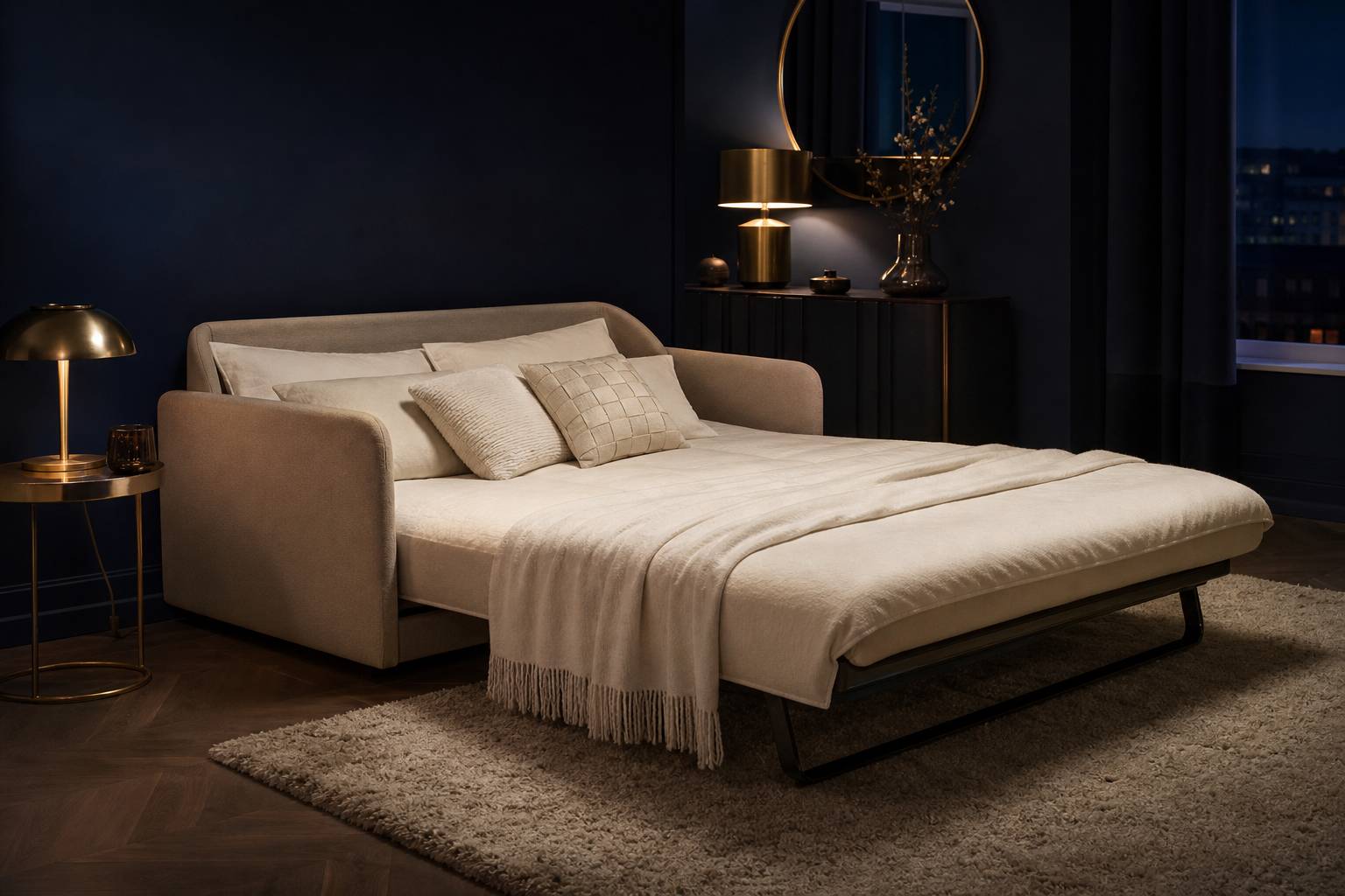 Chauffeuse convertible ouverte en position lit canapé-lit moderne beige salon cosy