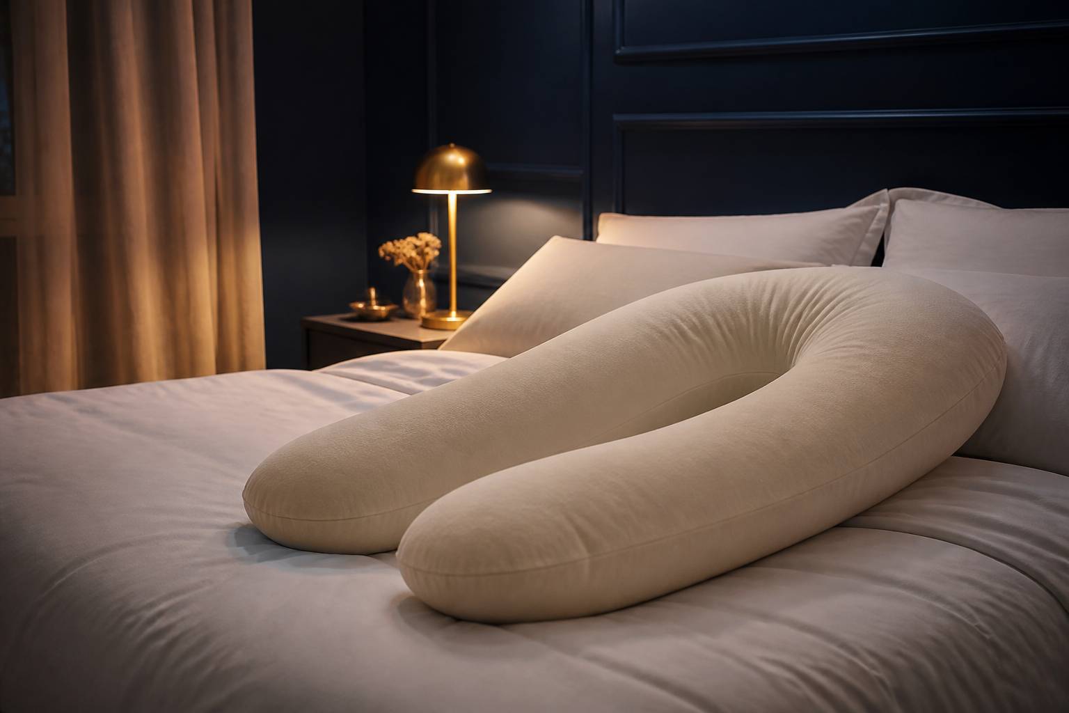Coussin de grossesse en forme de U posé sur un lit dans une chambre bleu nuit à la lueur d'une lampe dorée