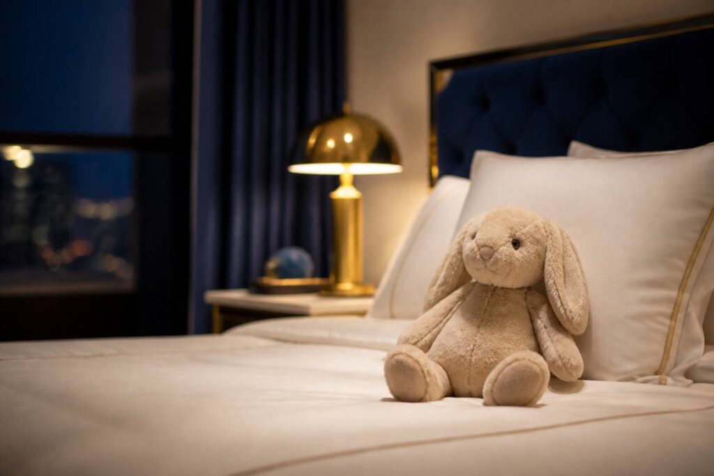 Doudou enfant sur lit blanc chambre calme ambiance douce rassurante introduction doudou