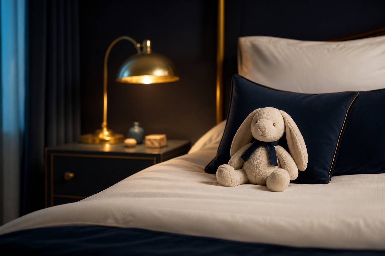 Doudou enfant posé sur lit blanc chambre paisible atmosphère douce rassurante