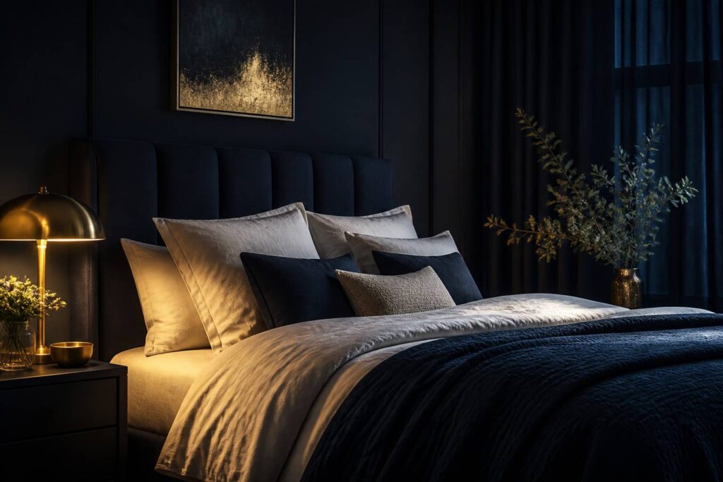 Chambre apaisante bleu nuit avec lueur chaude dorée pour soulager les jambes douloureuses le soir