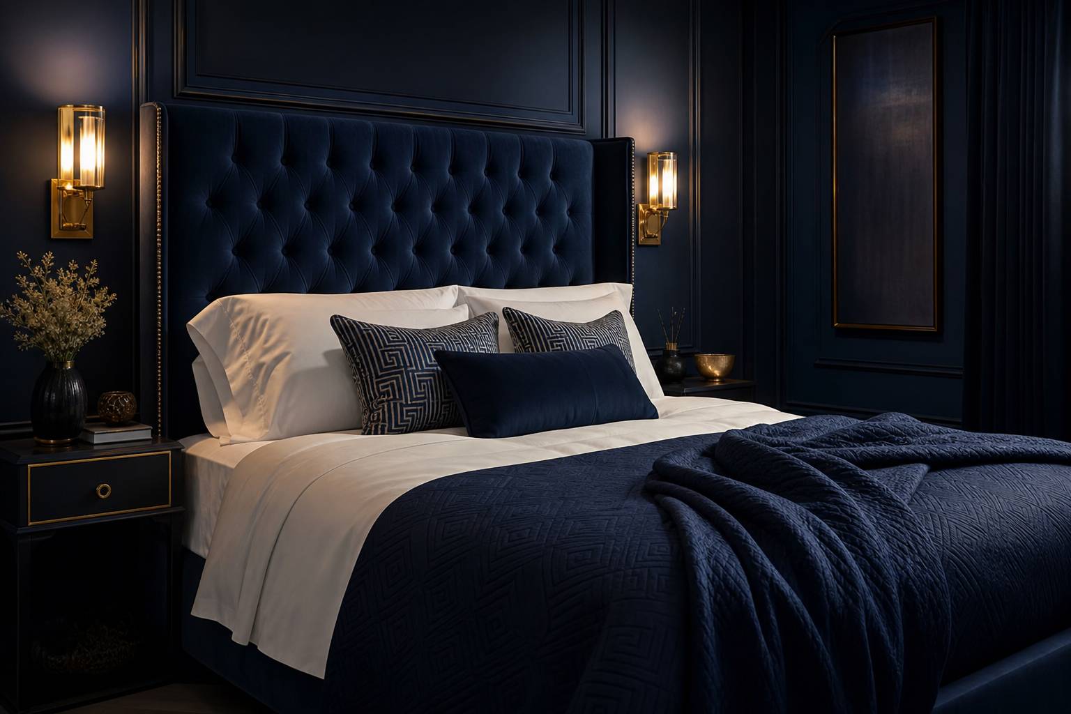 Plaid texturé aux motifs géométriques sur lit design avec oreillers décoratifs