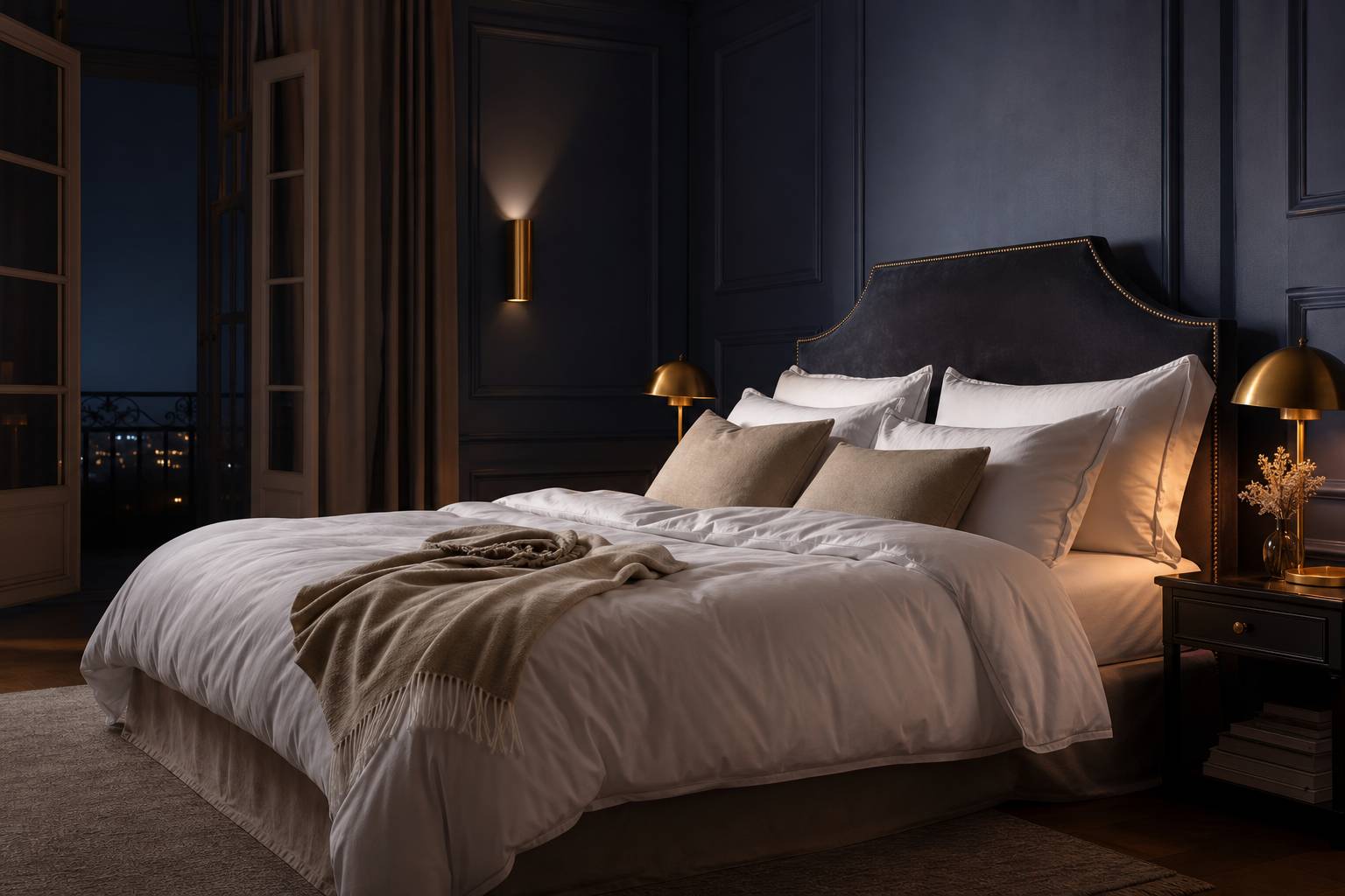 Linge de lit confortable draps blancs et coussins beiges sur matelas 160x200 chambre