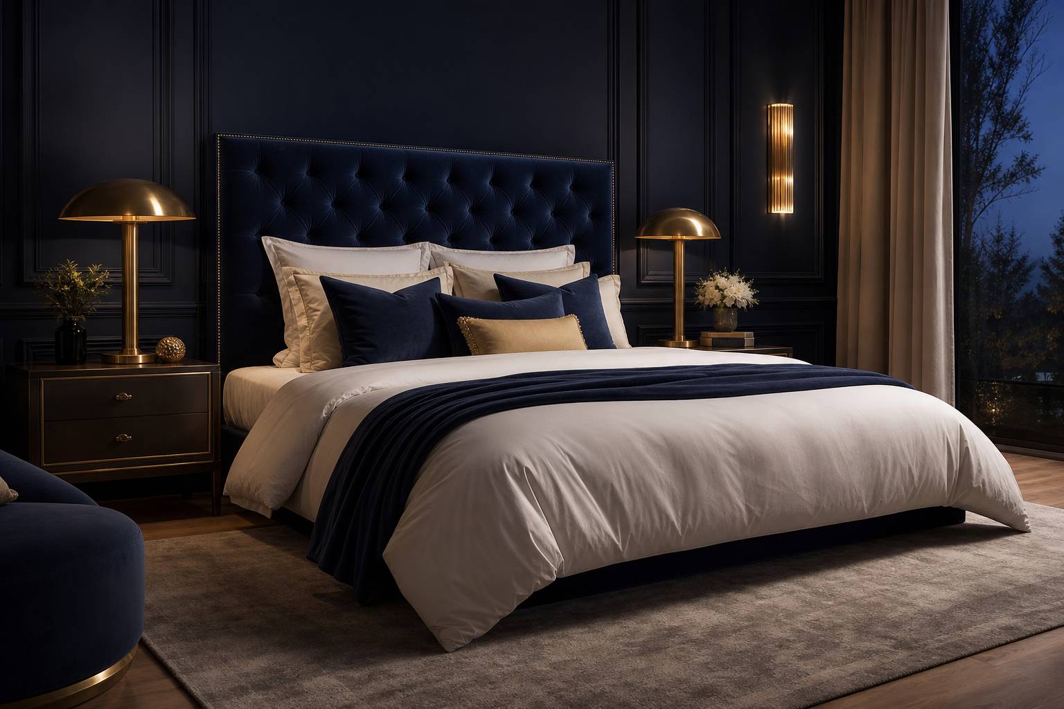 Lit 180x200 spacieux avec literie blanche et coussins décoratifs, tête de lit capitonnée, chambre élégante