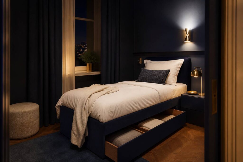 Lit coffre 90x190 pratique avec rangement intégré literie blanche chambre cosy optimisée