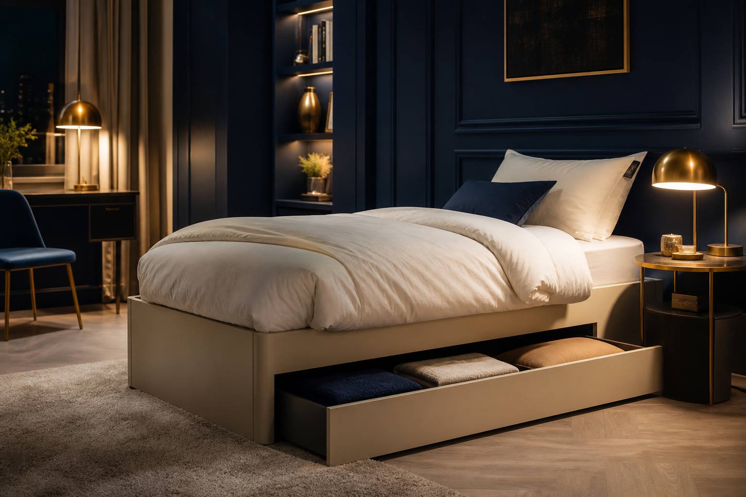 Lit coffre 90x190 avec tiroir de rangement ouvert literie blanche chambre cosy pratique