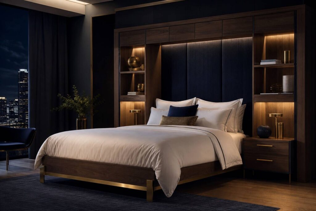 Lit pont design en bois et métal avec literie blanche moelleuse chambre élégante bleu nuit