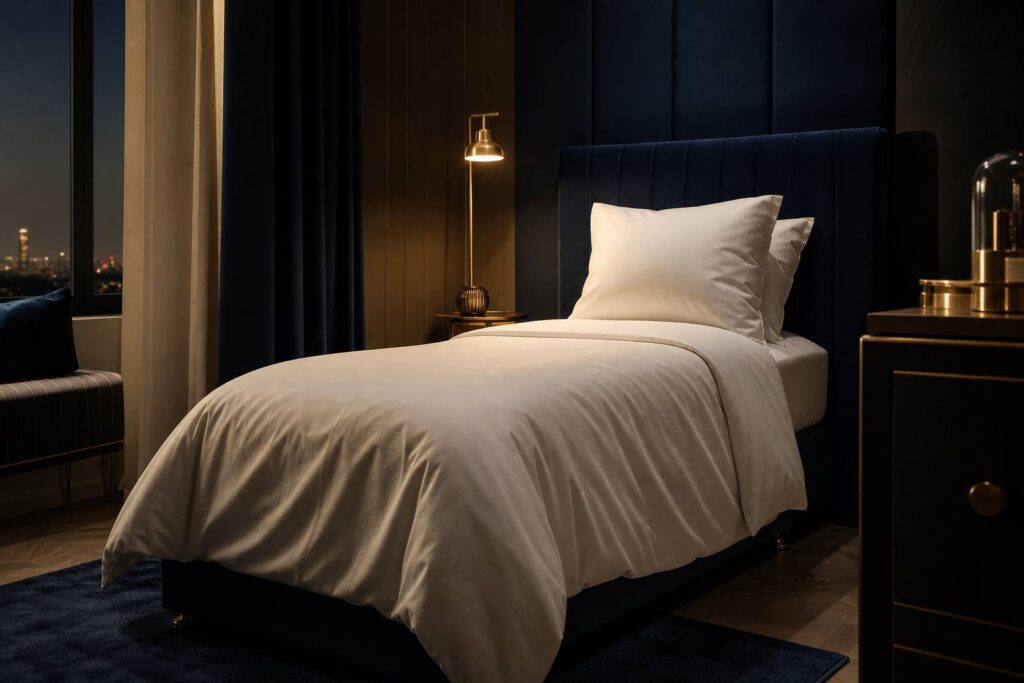 Matelas 80x200 de qualité avec literie blanche et tête de lit rembourrée bleu nuit