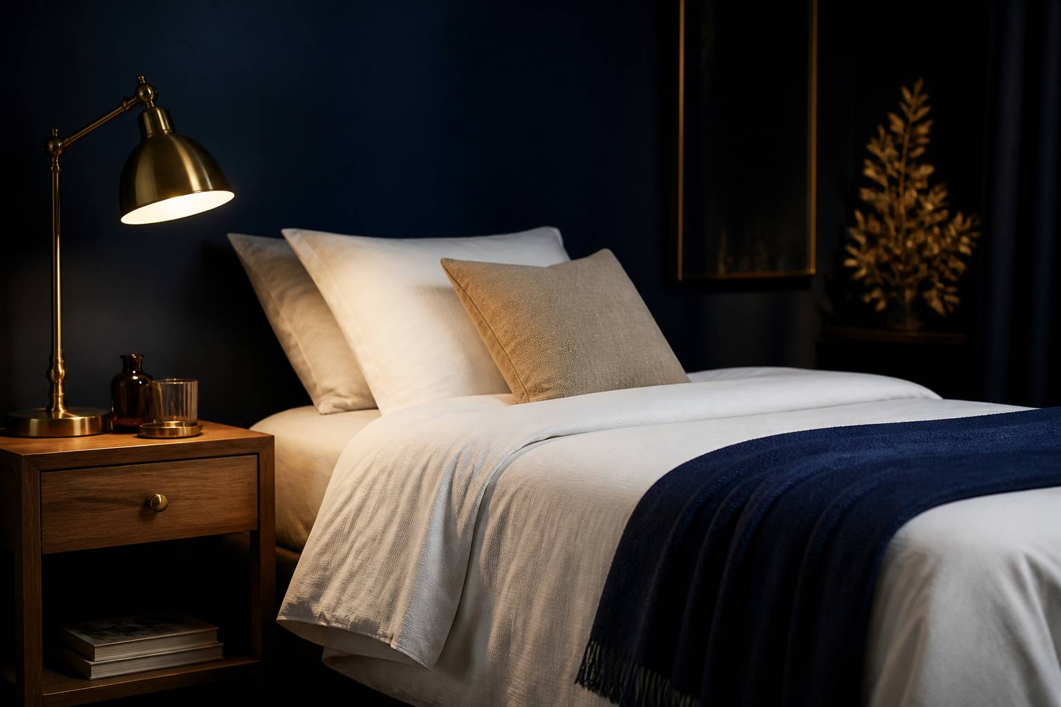 Matelas 80x200 avec plaid bleu nuit et coussins en lin dans chambre tamisée