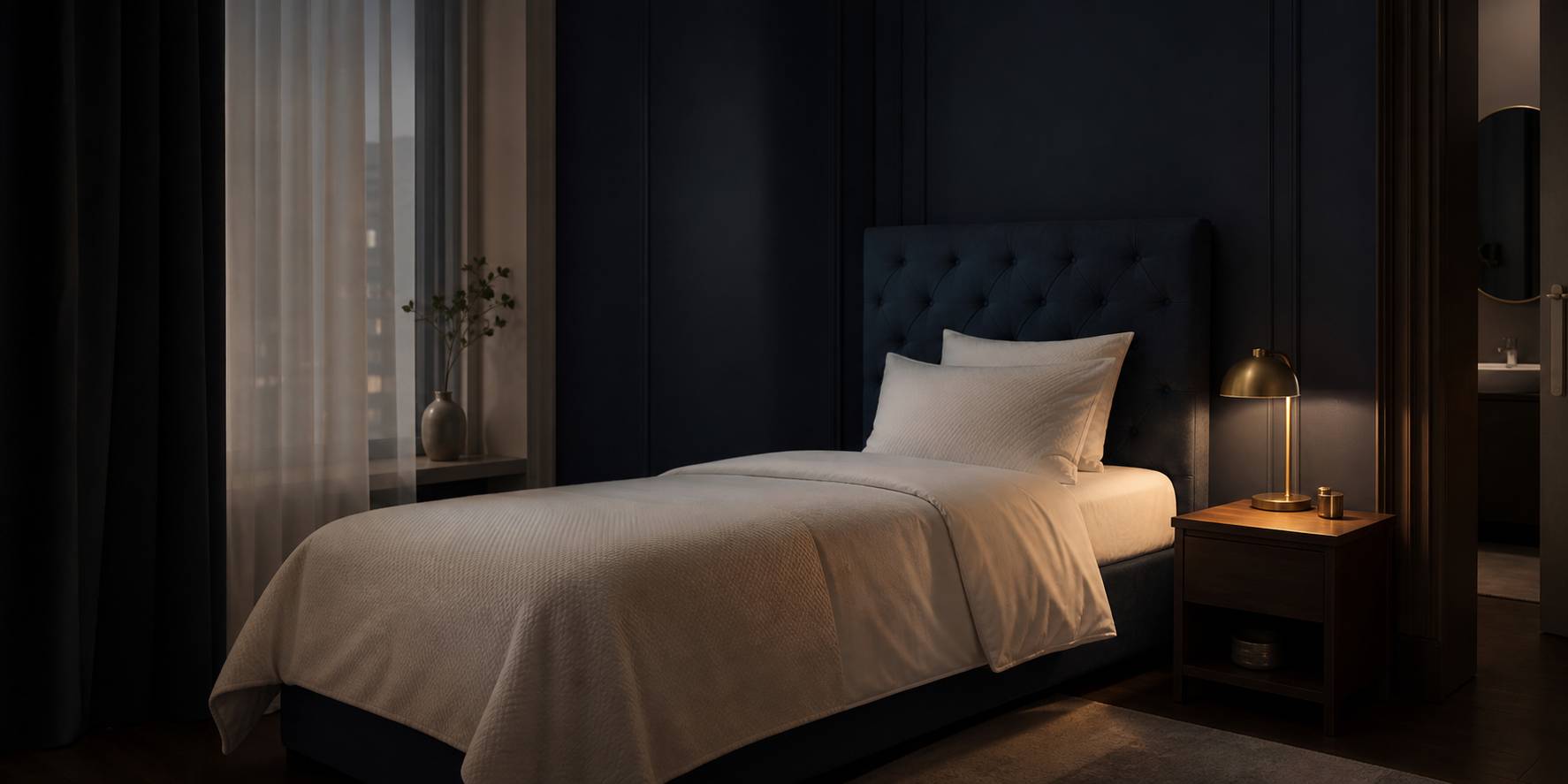 Matelas 90x190 avec tête de lit capitonnée bleu nuit et lampe design en laiton