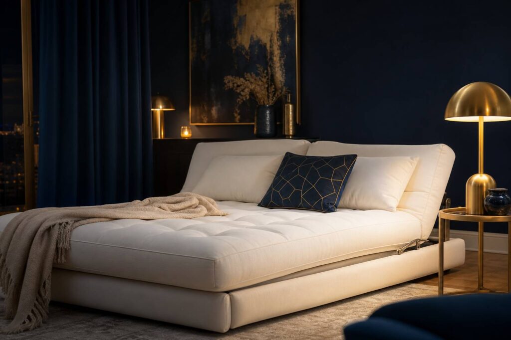 Matelas clic-clac blanc moelleux dans salon cosy canapé-lit design confort moderne
