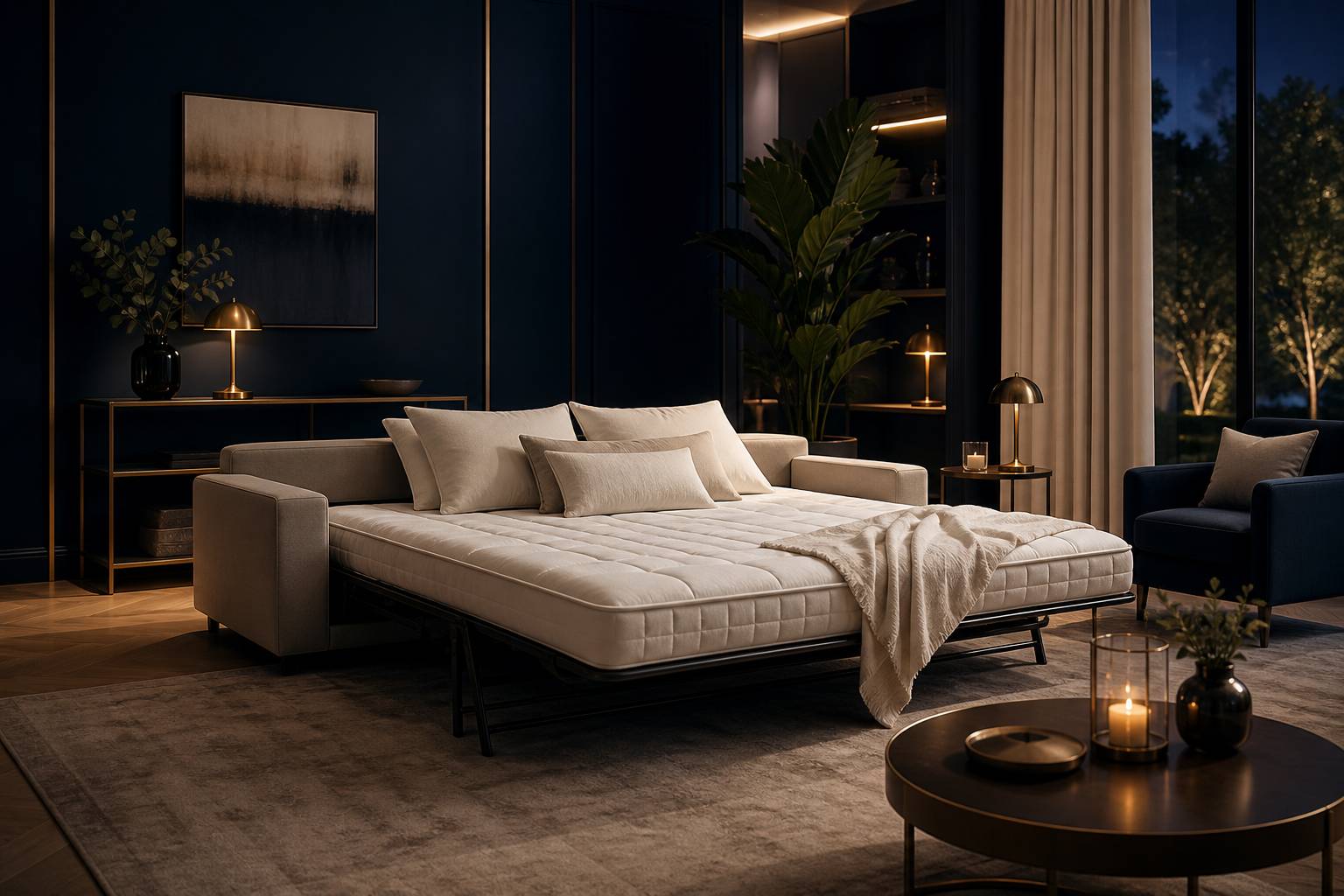 Matelas clic-clac ouvert montrant épaisseur et confort salon moderne et cosy