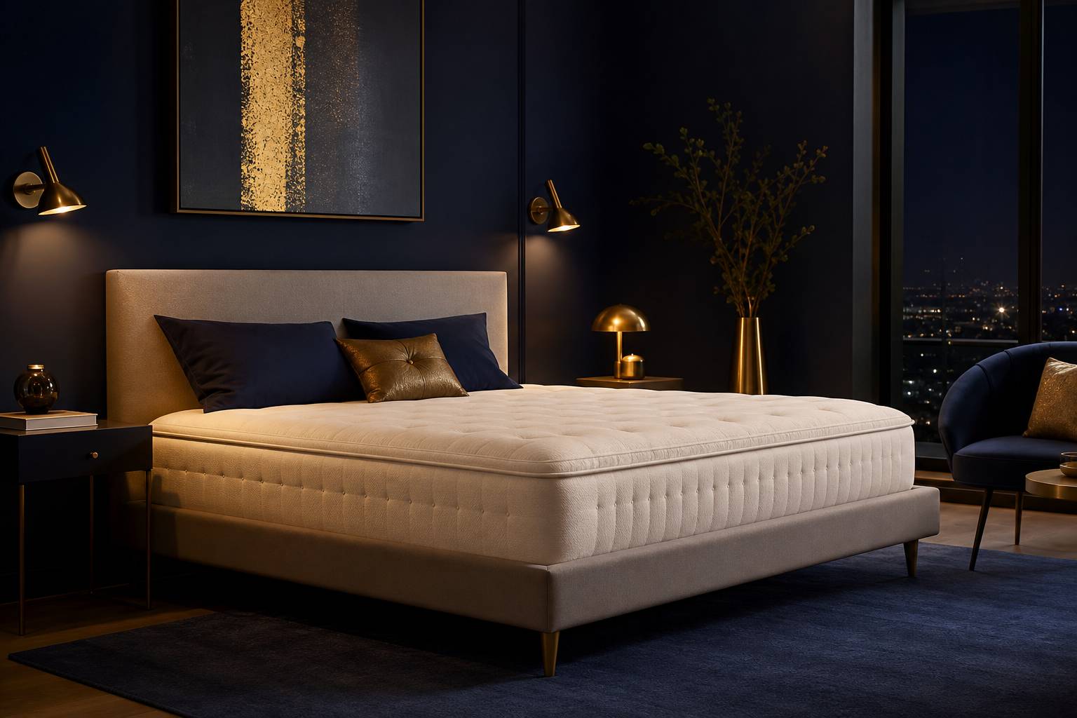 Matelas mousse polyéther épais et moelleux sur cadre de lit chambre moderne épurée