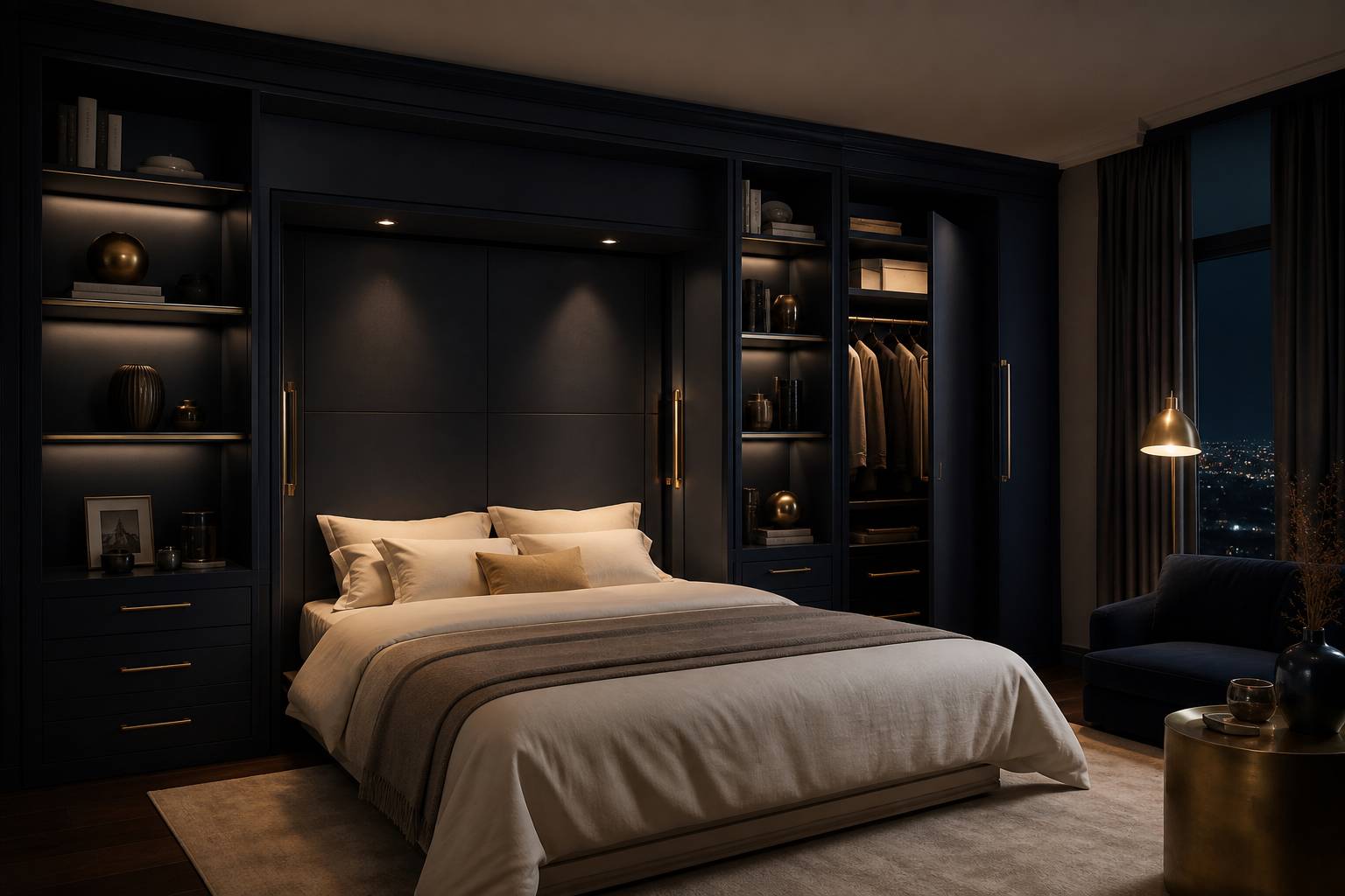 Lit armoire avec étagères et penderie intégrées pour optimiser l'espace chambre