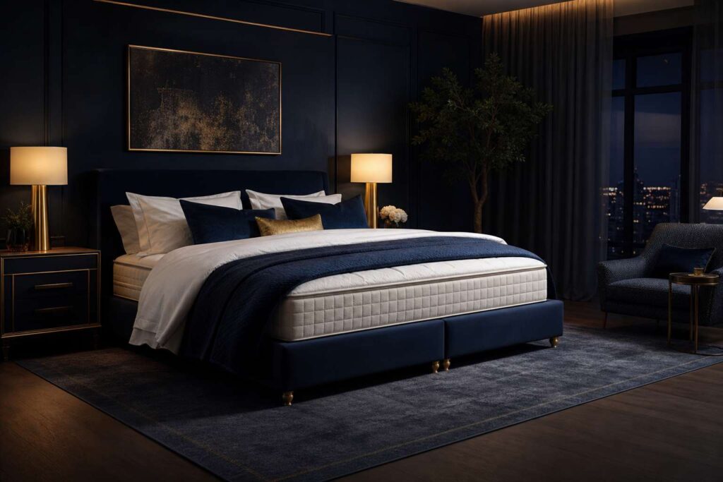 Grand lit avec sommier 200x200 dans une chambre elegante au style feutre et cosy
