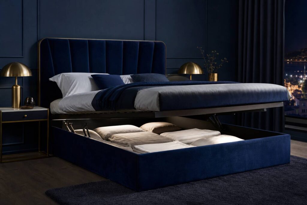 Sommier coffre design velours bleu nuit rangement integre chambre elegante