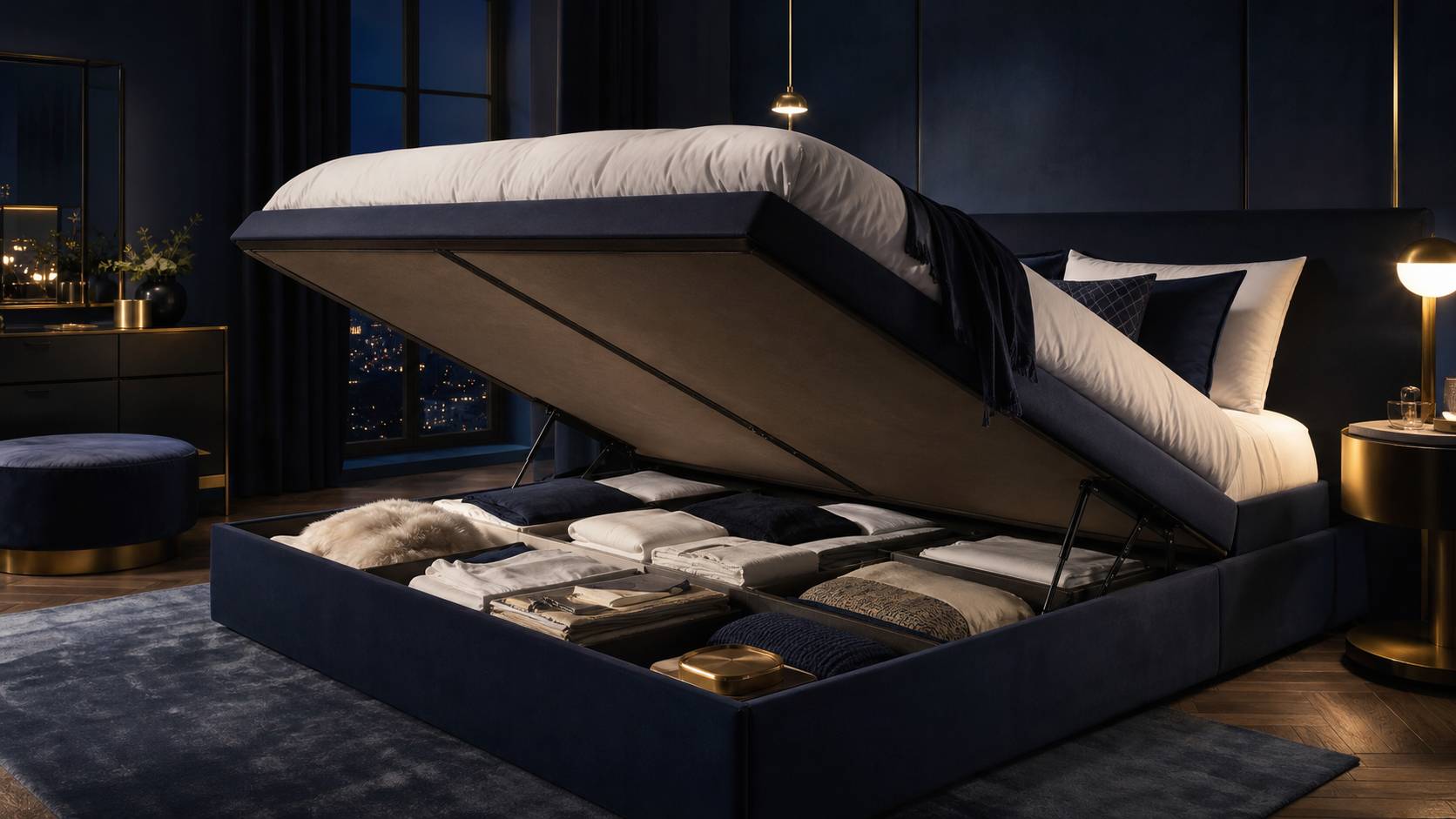 Sommier coffre design velours bleu nuit rangement integre chambre elegante
